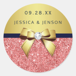 Coral Sequins Gold Navy Diamonds Bow Wedding Classic Round Sticker