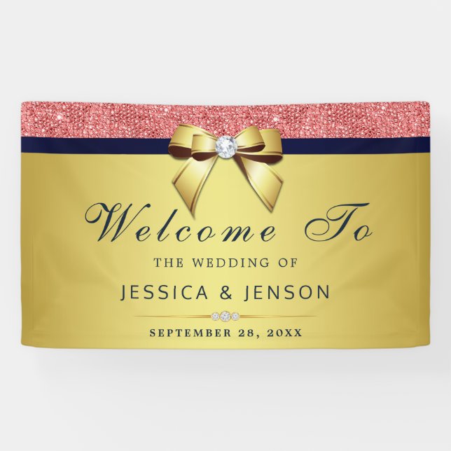 Coral Sequins Navy Gold Diamonds Bow Wedding Banner (Horizontal)