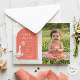 Coral Silly Goose Girl First Birthday Photo Save The Date