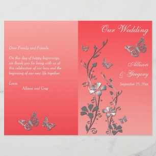 Coral Silver Butterfly Floral Wedding Program 2