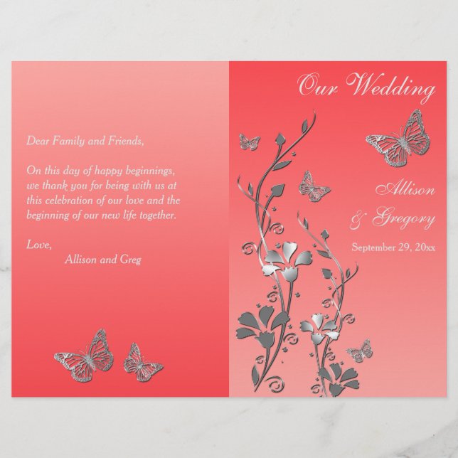 Coral Silver Butterfly Floral Wedding Program 2 (Front)