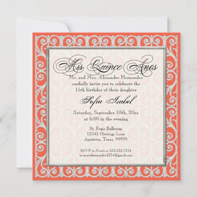 Coral & Silver, Diamonds & Lace, Mis Quince Anos Invitation (Front)