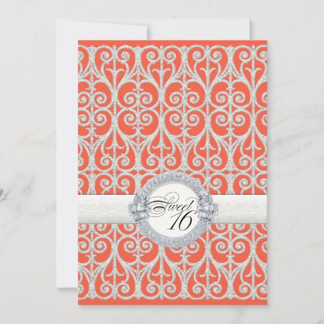 Coral & Silver Diamonds & Lace, Sweet Sixteen 16 Invitation (Front)