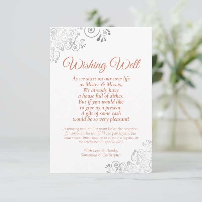 Coral & Silver on White Wedding Wishing Well Poem Enclosure Card (Standing Front)