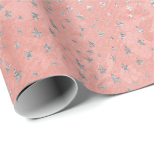Coral Silver Peach Gray Metallic Blush Stars Confe Wrapping Paper
