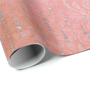 Coral Silver Peach Gray Metallic Pink Stripes Dots Wrapping Paper