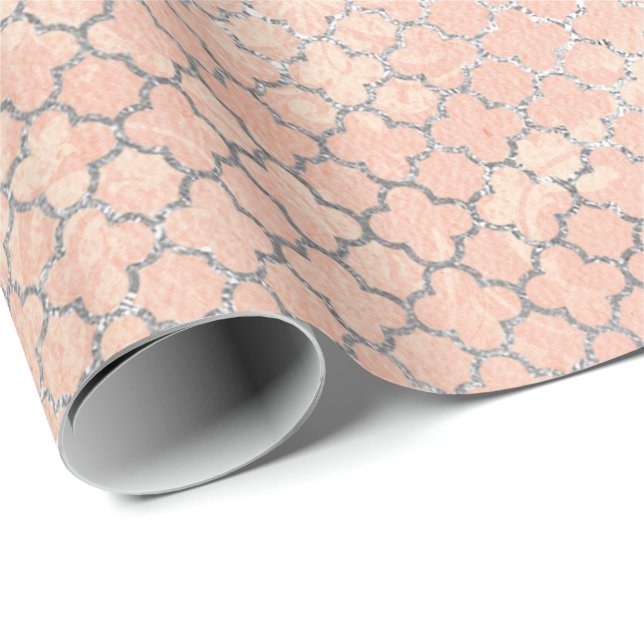 Coral Silver Peach Gray Pastel Metallic Quatrefoil Wrapping Paper (Roll Corner)