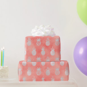 Coral & Silver Pineapple Tropical Summer Luxe Wrapping Paper