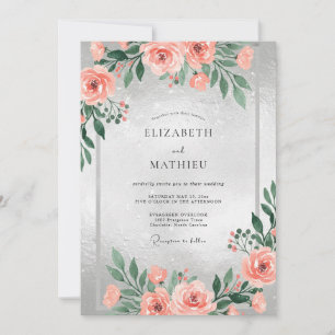 Coral Silver Watercolor Wedding Invitation