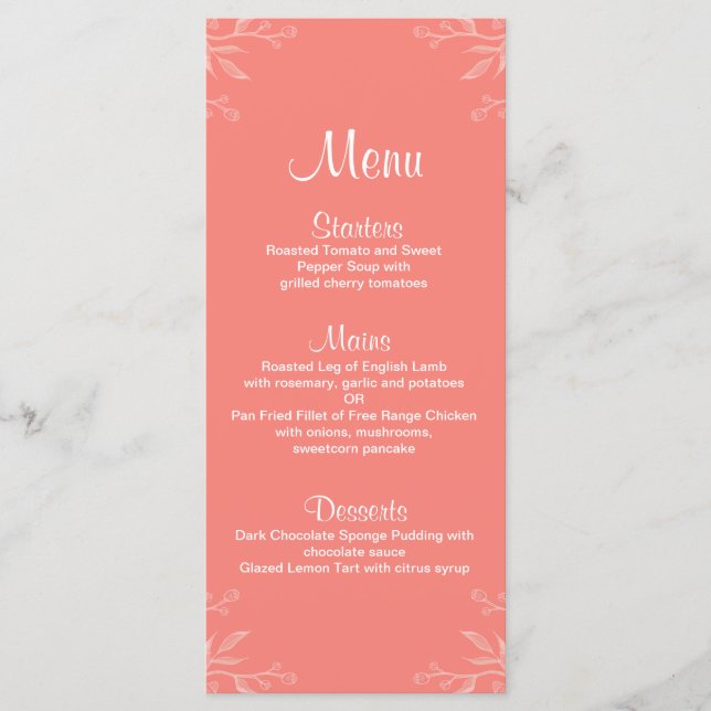 Coral Simple Elegant Floral Wedding Menu (Front)