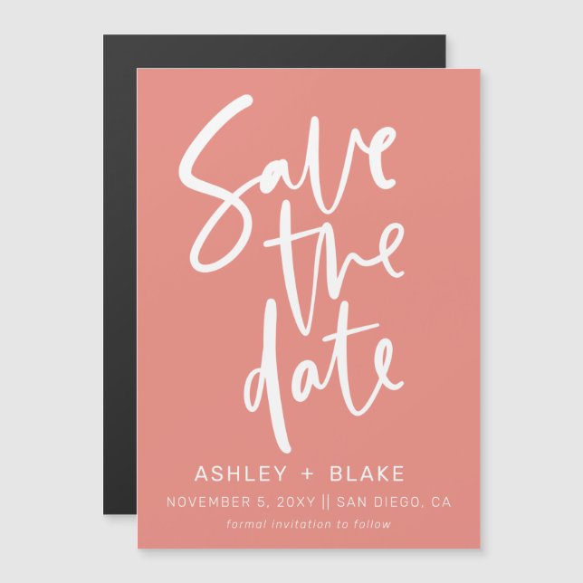 Coral Simple Handwritten Calligraphy Save The Date Magnetic Invitation (Front/Back)