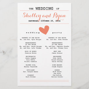 Coral Simple Heart Wedding Program