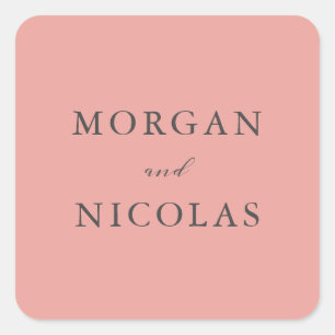 Coral Simple Modern Bride and Groom's Names Square Sticker
