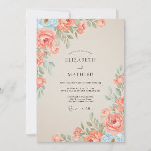 Coral Sky Ranunculus Eucalyptus Wedding Invitation