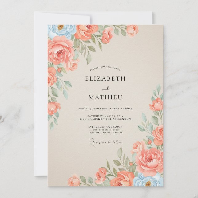 Coral Sky Ranunculus Eucalyptus Wedding Invitation (Front)