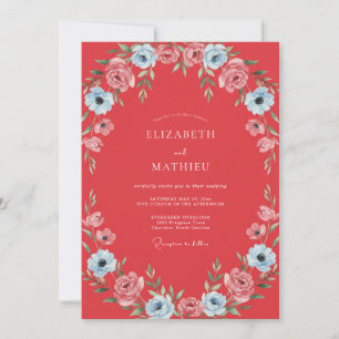 Coral Sky Ranunculus Muted Eucalyptus Wedding Invitation