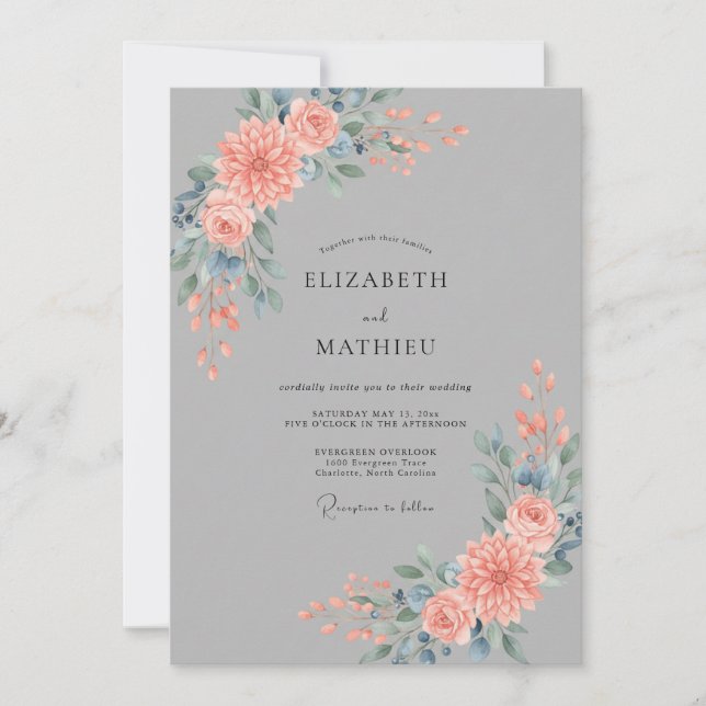 Coral Slate Dahlia Wedding Invitation (Front)