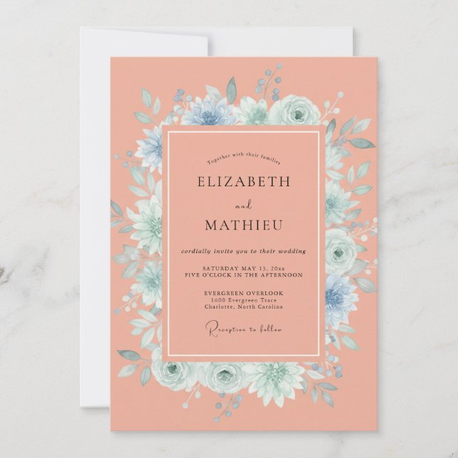 Coral Soft Botanical Summer Wedding Invitation (Front)