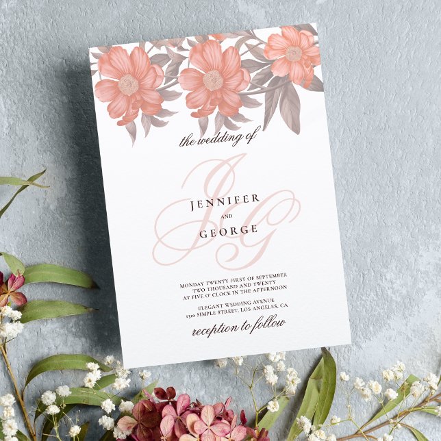 Coral soft grey monogram initials floral wedding invitation (Coral soft gray monogram initials floral wedding)