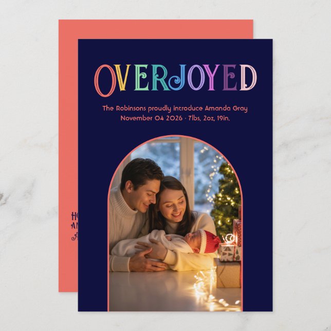 Coral Spark Xmas Baby Birth Announcement Photo (Front/Back)