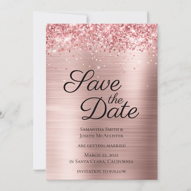 Coral Sparkly Glitter Pale Rose Gold Ombre Foil Save The Date (Front)