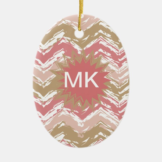 Coral Spice Scribble ZigZag Chevron Pattern Ceramic Tree Decoration (Front)
