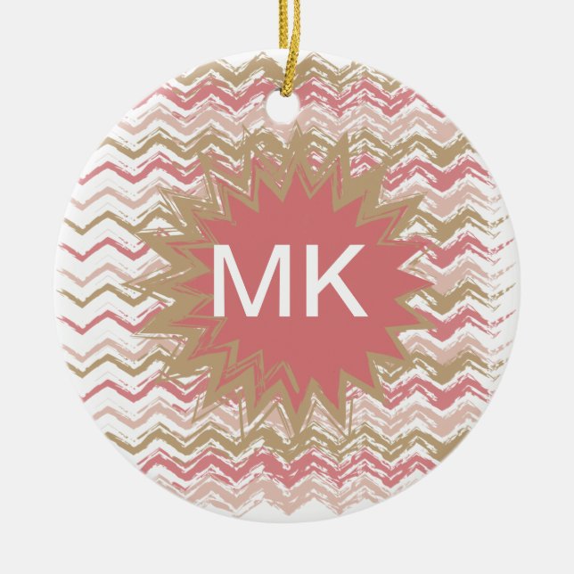 Coral Spice Scribble ZigZag Chevron Pattern Ceramic Tree Decoration (Front)