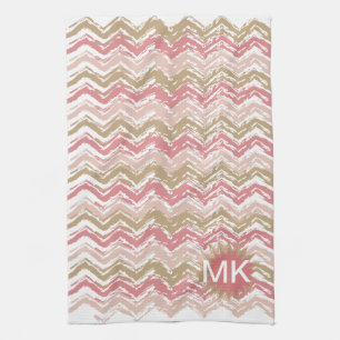 Coral Spice Scribble ZigZag Chevron Pattern Tea Towel