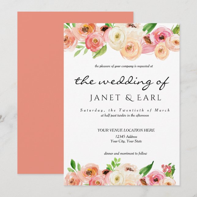 Coral Spring Floral Wedding  Leaf Invitation (Front/Back)