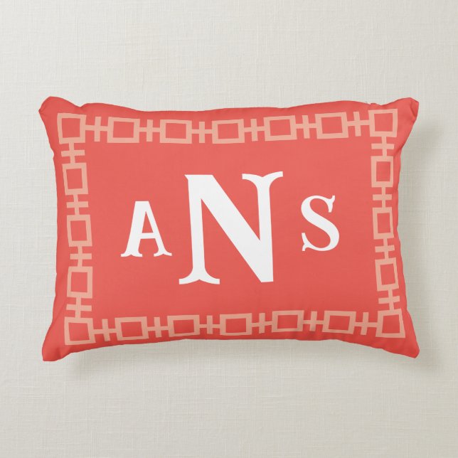 Coral Square Greek Key Monogram Decorative Cushion (Front)