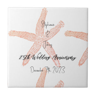 Coral Starfish 25th Wedding Anniversary Monograms Tile