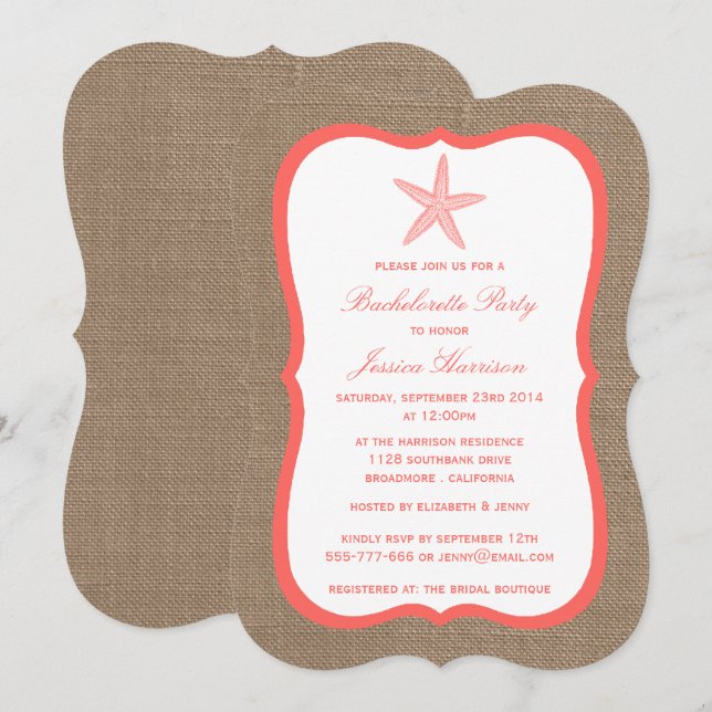 Coral Starfish Beach Burlap Bachelorette Party Invitation (Front/Back)