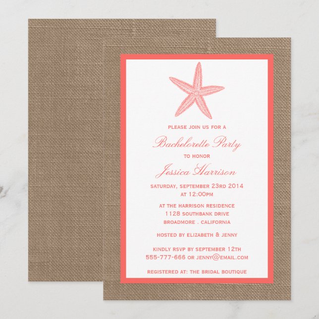 Coral Starfish Beach Burlap Bachelorette Party Invitation (Front/Back)