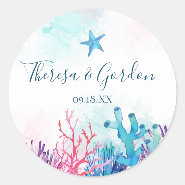 Coral Starfish, Beach Wedding Stickers (Front)