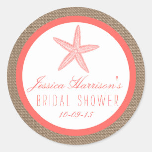 Coral Starfish Burlap Beach Bridal Shower Stickers