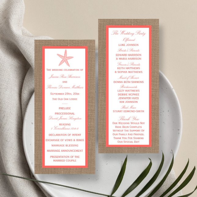 Coral Starfish Burlap Beach Wedding Program Rack Card (Creator Uploaded)