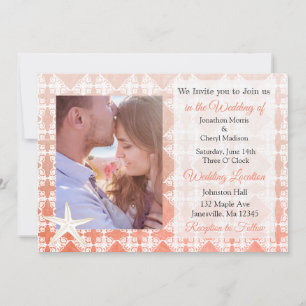 Coral Starfish Damask Beach Photo Wedding Invites