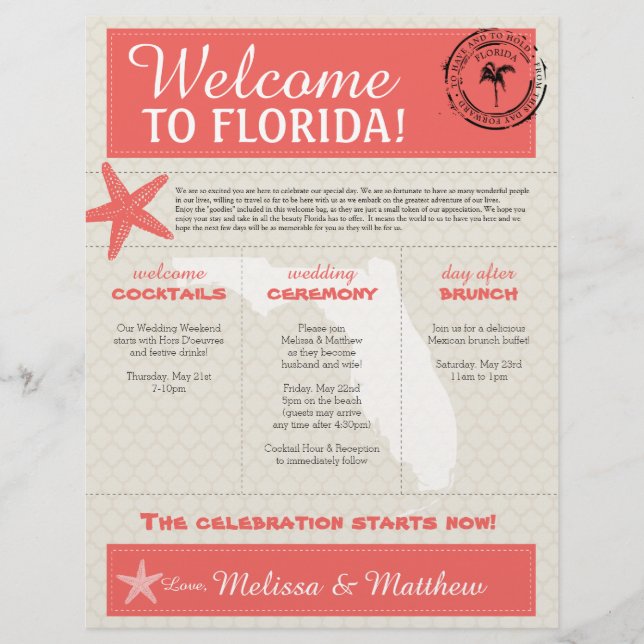 Coral Starfish Florida Wedding Welcome Letter (Front)