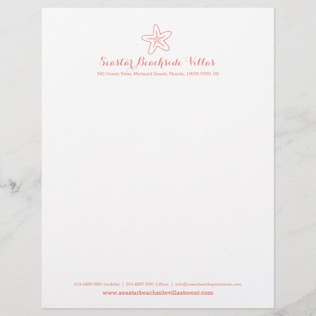 Coral starfish holiday property business letter custom letterhead (Front)