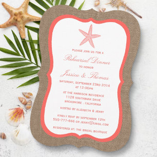 Coral Starfish On Burlap Beach Rehearsal Dinner Invitation