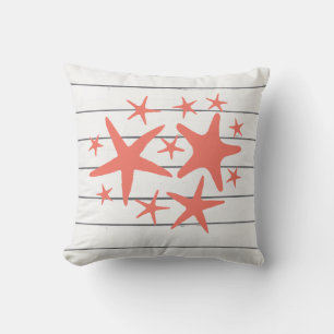Coral Starfish Shiplap Coastal Beach Pillow