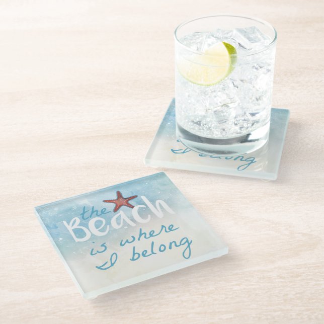 Coral Starfish With The  Beach Is Where I Belong Glass Coaster (Angled)