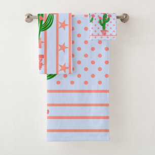Coral Stars, Stripes, Polka Dots and Cactus Bath Towel Set