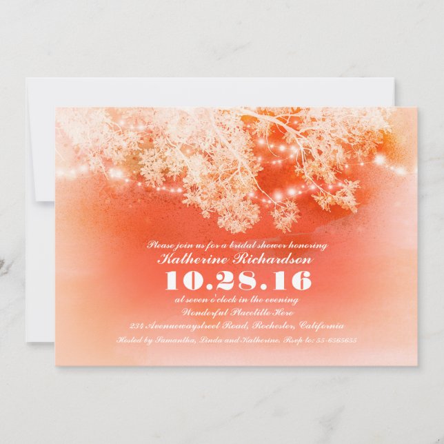 Coral string lights bridal shower invitation (Front)