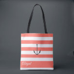 Coral Stripe Nautical Anchor Personalised Tote Bag<br><div class="desc">Nautical anchor on living coral and white stripe background,  personalised bridal party tote bag. Personalise text,  font style,  colour and size. Stripes shown in living coral can be customised to your choice of colour.</div>