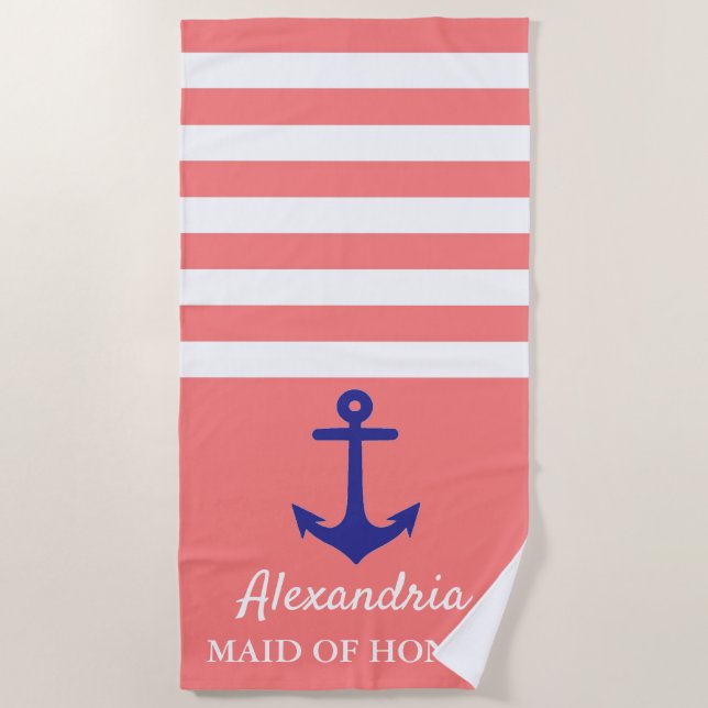 Coral Stripe Nautical Wedding Party Beach Towel (Front)