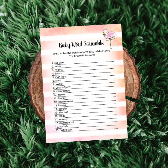 Coral Striped Flamingo Baby Words Shower Card (Creator Uploaded)