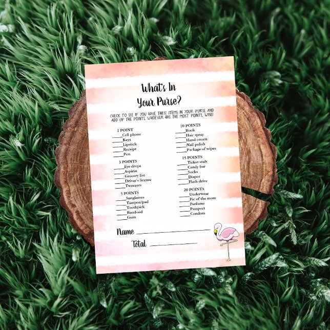 Coral Striped Flamingo What's In Your Purse Game Invitation (Creator Uploaded)