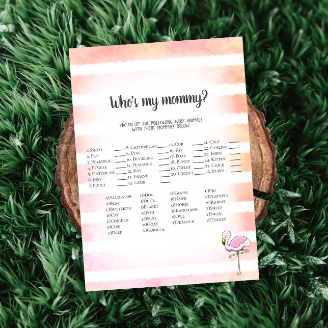 Coral Striped Flamingo Who's My Mummy Shower Game Invitation (Creator Uploaded)
