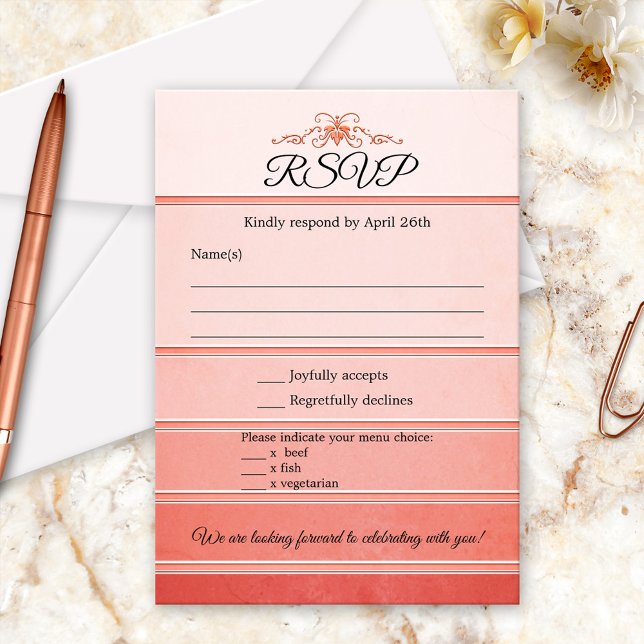 Coral Striped Tonne sur Tonne Wedding RSVP Card (RSVP card featuring an elegant painted coral pink striped tone on tone design)